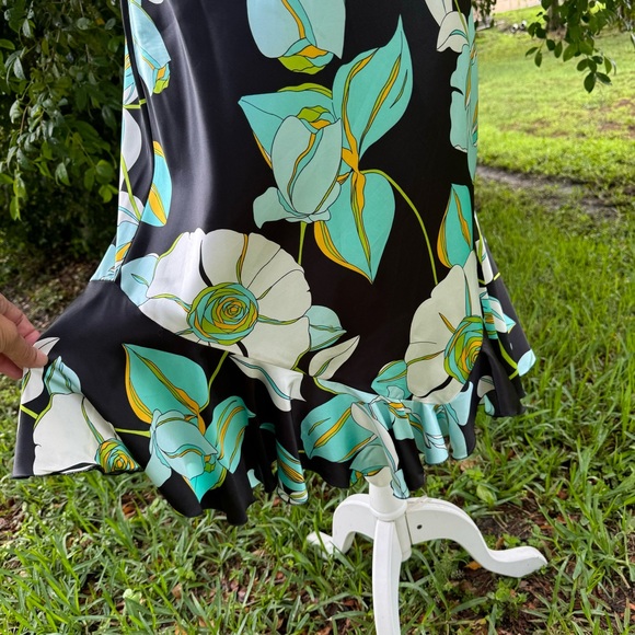 Russell‎ Scott 100% Silk Floral Knee Length Skirt Teal Black Mermaid Size 8 - Picture 2 of 9